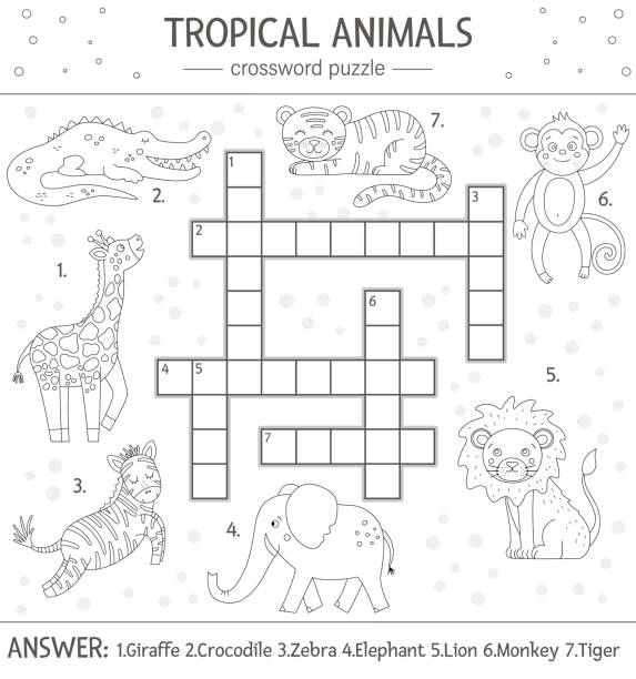 ベクター夏のクロスワードパズル。子供のための熱帯動物と簡単なクイズ。かわいい面白い文字と教育黒と白のジャングルの活動。子供のための楽しい着色ページ - 2503点のイラスト素材／クリップアート素材／マンガ素材／アイコン素材