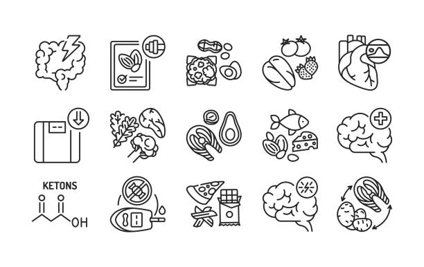 케톤 생성 다이어트 블랙 라인 아이콘 세트. 매우 저탄수화물, 고지방 식단. 탄수화물 섭취를 줄이고 지방으로 대체. 웹 페이지, 모바일 앱, 프로모션에 대한 픽토그램. 편집 가능한 스트로크 - lowcarb stock illustrations