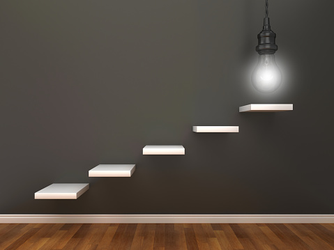 Steps with Light Bulb - 3D Rendering