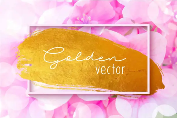 Vector illustration of Golden Brush Stroke with Pink Hydrangea Flower Background. Gold Shiny Grunge Texture. Gold Foil Brush Stroke Clip Art. Metallic Golden Texture Design Element for Greeting Cards and Labels, Abstract Background.