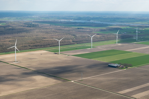 Utrecht, The Netherland - March 2020: Wind turbines, aerial view of Dutch landscape