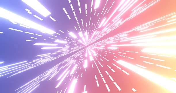 istock Abstract glow neon lines and stripes. Retro futuristic background. Abstract background with flying neon glowing stripes. Gradient violet-pink-yellow. Rotated camera 1220101865
