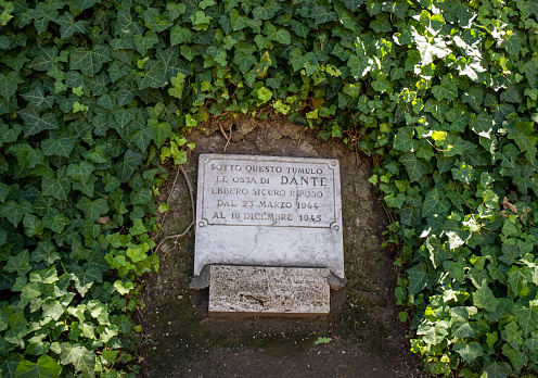 Ravenna, Italy - Sept 11, 2019: Temporary tomb of the poet Dante Alighieri in Ravenna. Inscription: \