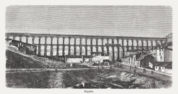 ilustraciones, imágenes clip art, dibujos animados e iconos de stock de acueducto romano de segovia, españa, grabado en madera, publicado en 1893 - roman aqueduct