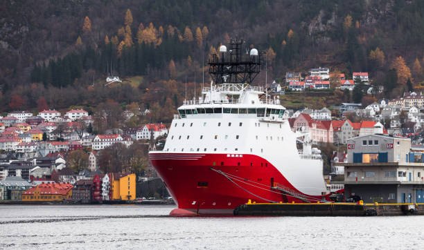 Norwegian offshore Supply Ship is moored in port of Bergen
