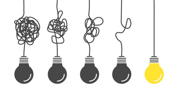 From complex to simple. Simplification streamlining process, complex confusion, clarity idea solution with light bulbs vector concept From complex to simple. Simplification streamlining process, complex confusion, clarity idea solution with light bulbs vector complicating problem concept complex to simple stock illustrations