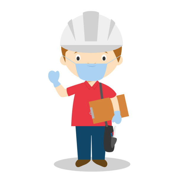 ilustraciones, imágenes clip art, dibujos animados e iconos de stock de bonita ilustración vectorial de dibujos animados de un ingeniero con máscara quirúrgica y guantes de látex como protección contra una emergencia de salud - construction worker architect construction manual worker