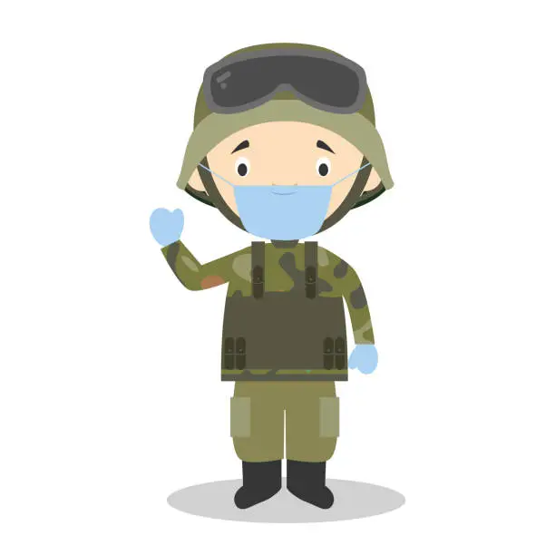 Vector illustration of Cute cartoon vector illustration of a soldier with surgical mask and latex gloves as protection against a health emergency