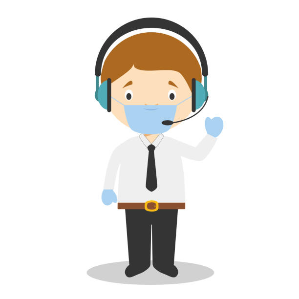 urocza kreskówkowa ilustracja wektorowa operatora telemarketingu z maską chirurgiczną i lateksowymi rękawiczkami jako ochrona przed nagłym stanem zdrowia - headset receptionist support telephone stock illustrations