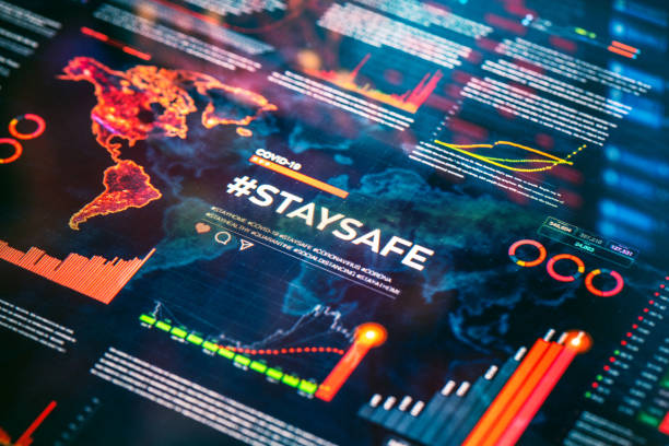 istock #staysafe. Stay safe hashtag close-up on digital display 1220110423