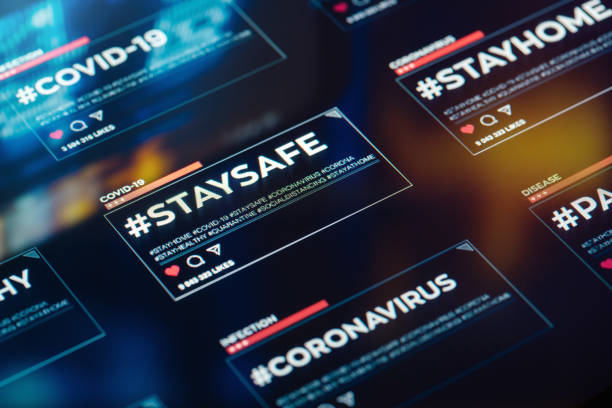 istock #staysafe. Stay safe hashtag close-up on digital display 1220111011