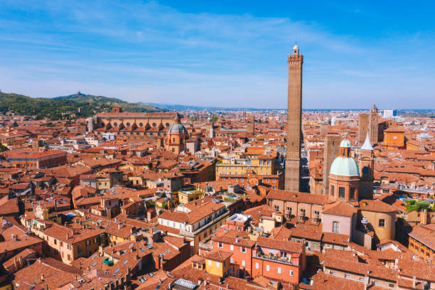 Aerial view of Due torri towers in Bologna Italy Aerial view of Due torri towers in Bologna Italy bologna photos stock pictures, royalty-free photos & images