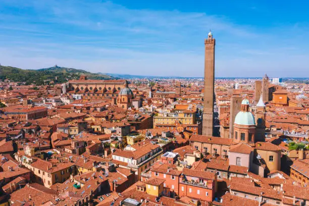 Aerial view of Due torri towers in Bologna Italy