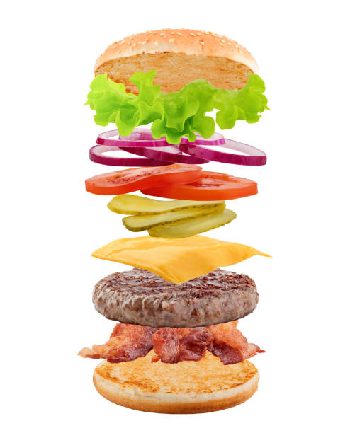 delizioso fast food, hamburger, hamburger, cheeseburger, isolato su sfondo bianco, piena profondità di campo, percorso di ritaglio - fat layer foto e immagini stock