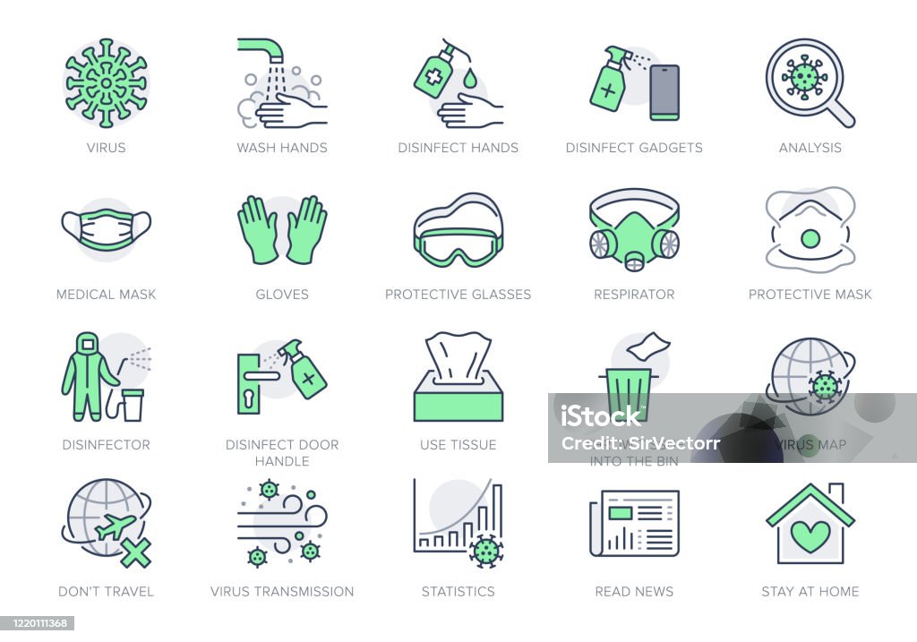 Coronavirus, icone della linea di prevenzione dei virus. Illustrazione vettoriale includono icona - lavarsi le mani disinfezione, maschera facciale, settogramma contorno guanti disinfettante per infografica Colore verde, Tratto modificabile - arte vettoriale royalty-free di Coronavirus