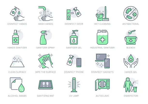 Vector illustration of Disinfection line icons. Vector illustration included icon as spray bottle, floor cleaning mop, wash hand gel, autoclave uv lamp outline pictogram for housekeeping Green Color, Editable Stroke