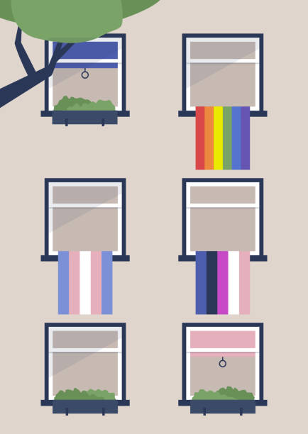 ilustraciones, imágenes clip art, dibujos animados e iconos de stock de lgbtq, banderas transgénero y de género fluido en ventanas, comunidad lgbt amigable, derechos humanos - parade of homes