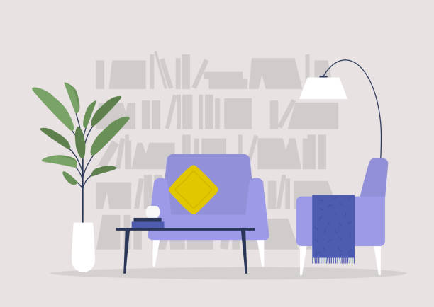 Living room, library and furniture, modern interior, nobody Living room, library and furniture, modern interior, nobody sofa illustrations stock illustrations