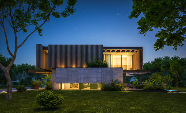 istock 3d rendering of modern house with wood plank facade in night 1220113127