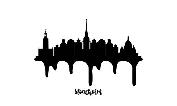 illustrazioni stock, clip art, cartoni animati e icone di tendenza di illustrazione vettoriale della silhouette dello skyline nero di stoccolma svezia su sfondo bianco con effetto inchiostro gocciolante. - stockholm