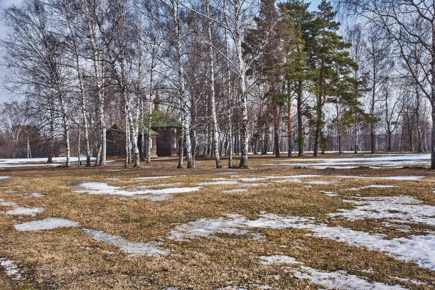 Ancient orthodox temple among trees. Landscape of central Russia. Windows, roof and doors are visible through branches. The village of Big Boldino