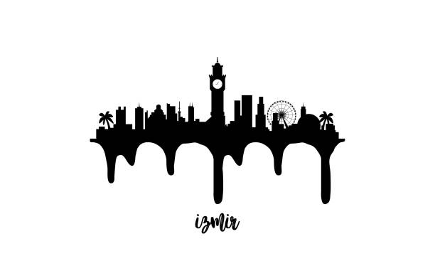 ilustrações, clipart, desenhos animados e ícones de izmir turkey preto horizonte silhueta vetores ilustração em fundo branco com efeito de tinta pingando. - izmir