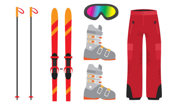 Stylish clothing and equipment for mountain skiing vector illustration Set of isolated hand drawn stylish clothing and equipment for mountain skiing over white background vector illustration. Stylish sports items concept skiing stock illustrations