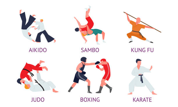 ilustraciones, imágenes clip art, dibujos animados e iconos de stock de hombres haciendo diferentes tipos de artes marciales asiáticas con títulos - karate kicking tae kwon do martial