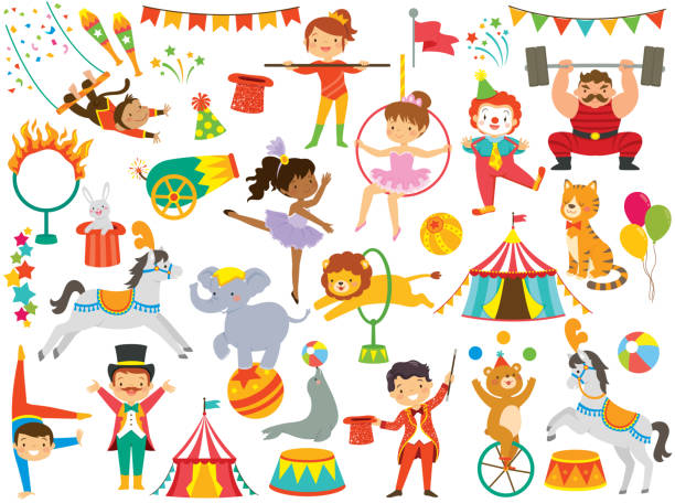 Circus clipart set with many circus items Circus clip art set. Circus animals, circus people and other colorful circus items. cartoon joker stock illustrations
