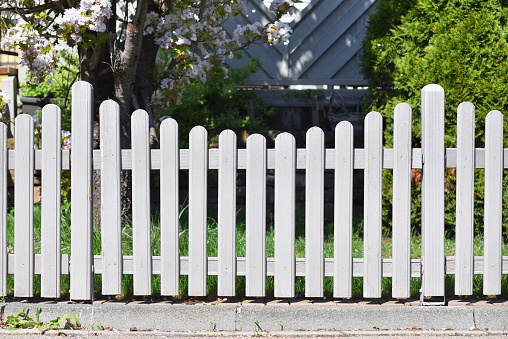 White garden wooden fence. Fragment of the garden fence