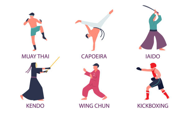 ilustrações, clipart, desenhos animados e ícones de homens praticando diferentes tipos de artes marciais asiáticas com títulos - kickboxing muay thai exercising sport