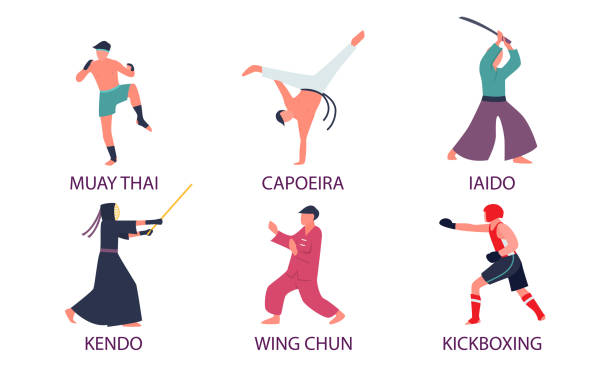 Men practicing different kinds of asian martial arts with titles Set of isolated hand drawn men practicing different kinds of asian martial arts with titles over white background vector illustration. Martial arts for developing body illustrations concept boxing illustrations stock illustrations