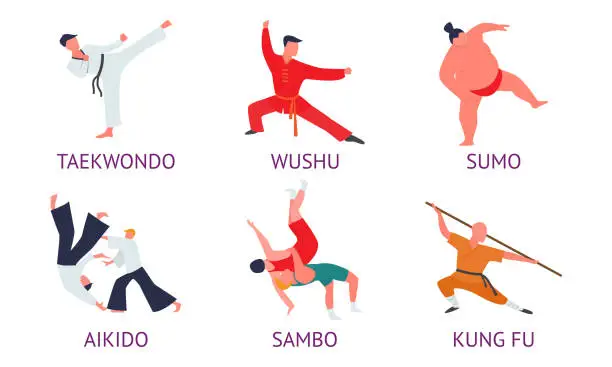 Vector illustration of Men practicing different kinds of asian martial arts in special costumes and titles