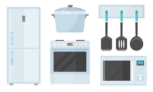 Set of isolated hand drawn different kitchen appliencies and utensil for cooking over white background vector illustration. Household and devices concept
