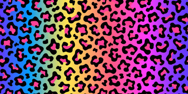 illustrazioni stock, clip art, cartoni animati e icone di tendenza di motivo senza cuciture con stampa leopardata color arcobaleno al neon. sfondo sfumato. sfondo vettoriale. - animal color