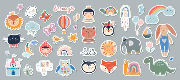 ilustrações de stock, clip art, desenhos animados e ícones de kids stickers/badges collection with different cute elements - baby animals