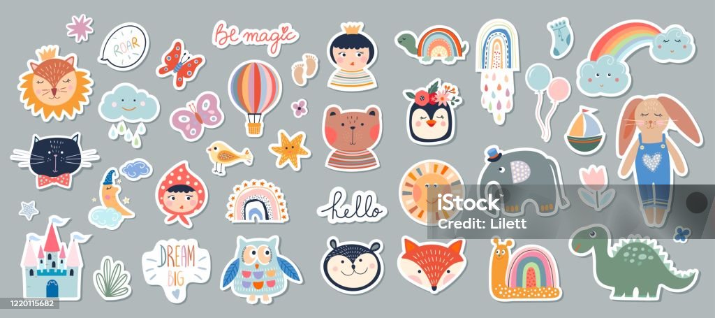 Kids Stickersbadges Collection With Different Cute Elements Stock