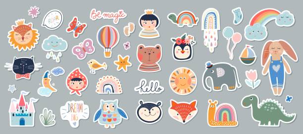 Kids stickers/badges collection with different cute elements Kids stickers/badges collection with different cute elements group of babies stock illustrations