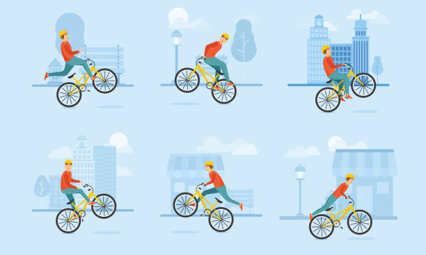 ilustraciones, imágenes clip art, dibujos animados e iconos de stock de conjunto de un niño en casco monta una bicicleta bmx y realiza varios trucos complejos. ilustración vectorial en estilo de dibujos animados planos - bmx cycling cycling bicycle teenager