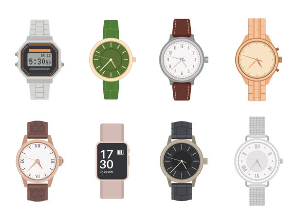 Wrist watch. Mens and womens mechanical, digital and smart watches with different bracelets and straps classy design flat vector set Wrist watch. Mens and womens mechanical, digital and smart watches with different bracelets and straps classy design flat isolated vector set watch cartoon gold illustration and painting stock illustrations