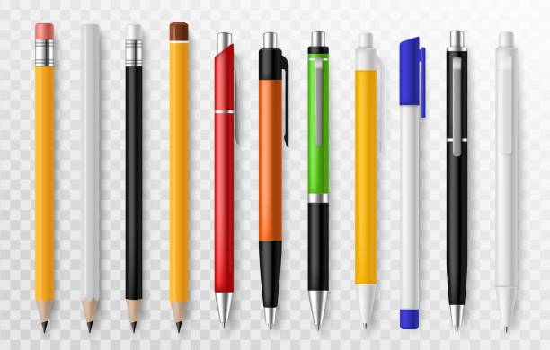 Pen and pencil. Stationery tools for writing and drawing, school or office supplies pens and pencils corporate office marketing vector set Pen and pencil. Stationery tools for writing and drawing, school or office supplies pens and pencils corporate office marketing vector blank template set pen stock illustrations