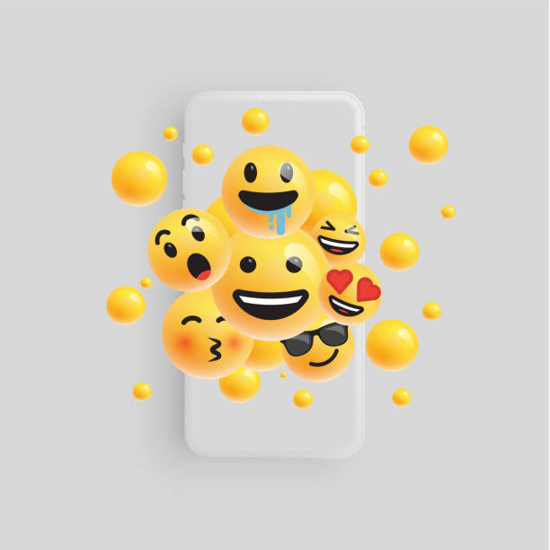 3d 和不同類型的表情符號與啞光智慧型手機, 向量虛開 - emoji 幅插畫檔、美工圖案、卡通及圖標