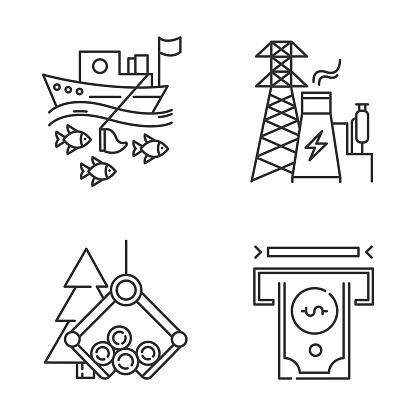 Industry types linear icons set. Fishing, energy, timber, financial sectors of economy. Business spheres. Thin line contour symbols. Isolated vector outline illustrations. Editable stroke