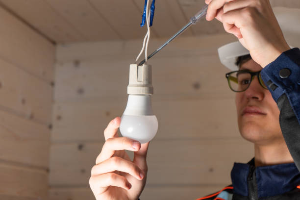 電気技師は電球を接続します。専門医による電気配線と電気機器の修理 - pliers technician cable electrical equipment ストックフォトと画像