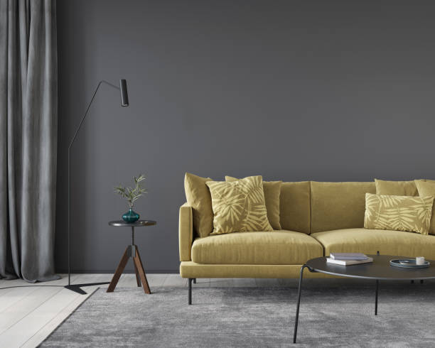 istock Dark gray living room interior with yellow sofa 1220122077