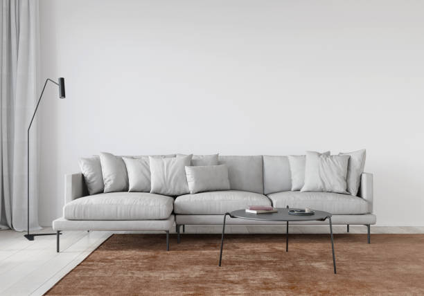 istock Living room with white sofa and terracotta carpet 1220122081