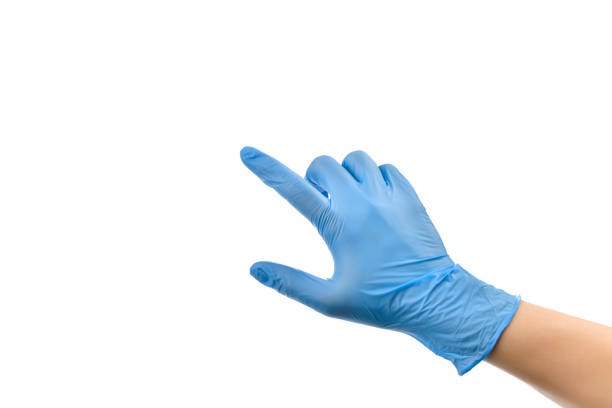 Female Hand Touching Virtual Screen Woman hand touching virtual screen isolated on white background. plastic gloves stock pictures, royalty-free photos & images