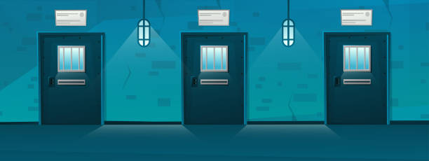 ilustrações, clipart, desenhos animados e ícones de corredor da prisão com porta em estilo de desenho animado. interior da cela da prisão do corredor com rede. vetor de desenho animado - prison cell prison prison cell door crime