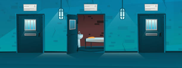 ilustrações, clipart, desenhos animados e ícones de corredor da prisão com celas vazias em estilo de desenho animado. porta aberta. interior da cela da prisão do corredor com rede. vetor de desenho animado - prison cell door
