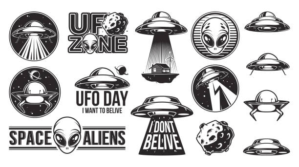 ilustraciones, imágenes clip art, dibujos animados e iconos de stock de logotipo de aliens en grande conjunto. día de ufo. meteoro, asteroide. insignias con naves espaciales y secuestro. etiquetas de investigación de civilidad. ilustración vectorial. - alien world